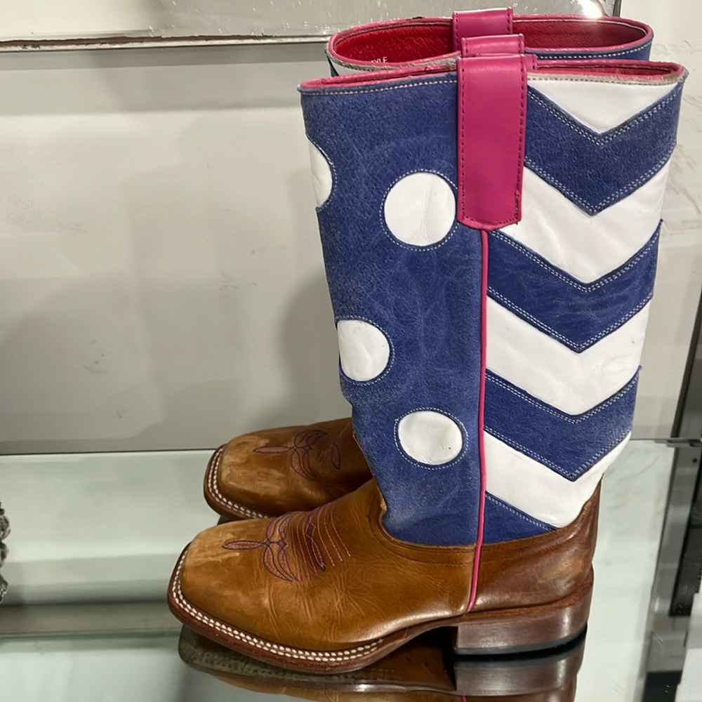 Macie Bean Western Boots Leather Blue  Polkadot Pink Tan 5